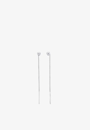 Boucles d'oreilles à fil en argent avec de petits clous ronds et des maillons de chaîne fins terminant par des barres droites.