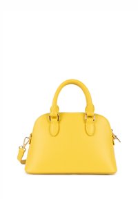Borsa a mano in pelle gialla con finitura testurizzata, manici arrotondati e tracolla staccabile. Chiusura con cerniera, dettagli in metallo color oro.