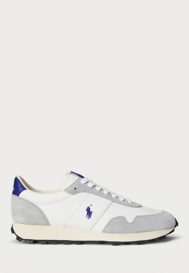 White and gray low-top sneaker with navy polo player logo on side, white laces, and black rubber sole.