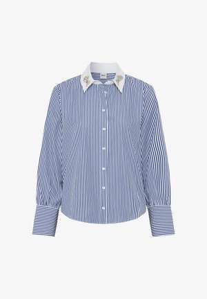 Blauw-witte gestreepte lange mouw shirt met een kraag. Bevat een versierde kraag en knopen aan de voorkant, met iets opgezette mouwen.