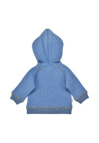 Blue quilted hoodie with a textured pattern, featuring a hood and contrasting yellow stitching along the seams and cuffs.