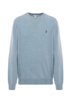 Pullover azzurro chiaro realizzato in morbido tessuto. Design a girocollo con maniche lunghe. Presenta un piccolo logo scuro nella zona sinistra del petto.