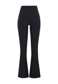 Korkeavyötäröiset mustat leveälahkeiset legginssit, valmistettu joustavasta kankaasta. Sileä pinta, joka sopii tiukasti vyötäröstä polveen, ja laajenee nilkoissa.