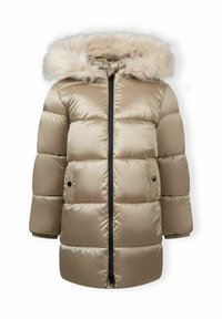 Polstret børnejakke i lys beige med faux fur hætte, lynlåslukning og sidelommer med dekorative detaljer.