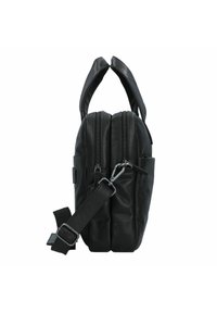 Schwarze Lederhandtasche mit zwei Reißverschlussfächern, einem abnehmbaren Tragegurt und zwei oberen Griffen. Glatte Textur und rechteckige Form.