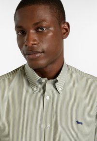 Camisa de botones en verde oliva con rayas blancas verticales, con un collar abotonado y un pequeño logotipo de un perro azul bordado en el pecho.