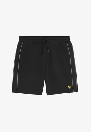 Sorte atletiske shorts med elastisk talje og snoretræk, prydet med grå sidelister og et gult logoaccent. Glat tekstur.