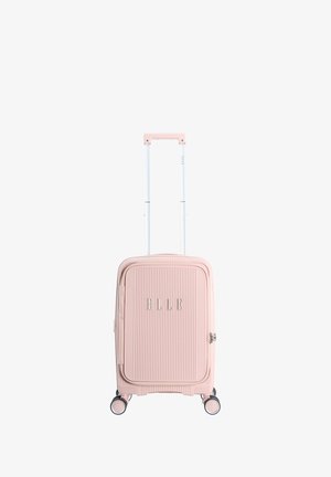 Hardshell pink suitcase with vertical ribbed design, silver logo "ELLE," retractable white handle, and four rotating wheels.