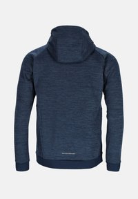 Laivastonsininen hupullinen collegepaita pitkillä hihoilla, resorireunuksilla ja "Swedemount"-logolla selän alaosassa.