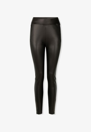 Sorte faux læder leggings med høj talje, tætsiddende design, ankel lynlåse og glat tekstur. Ingen synlige mønstre eller dekorationer.