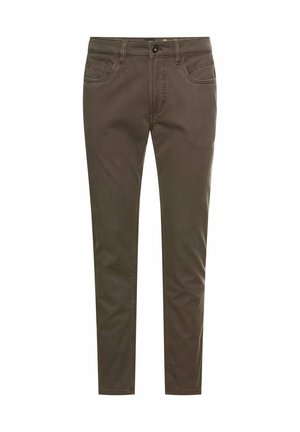 Bruine katoenbroek met een slim fit, knoopsluiting en vijf zakken. Heeft subtiele stiksels en een gladde textuur.