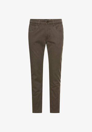 Brune bomuldsbukser med et slim fit, knaplukning og fem lommer. Har diskret syninger og en glat tekstur.