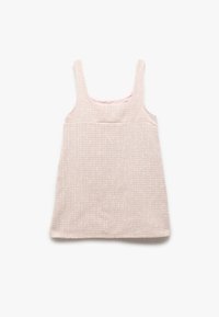 Vestido sin mangas de color rosa claro con escote cuadrado, tejido texturizado y forro interior suave. Ajuste simple y relajado.