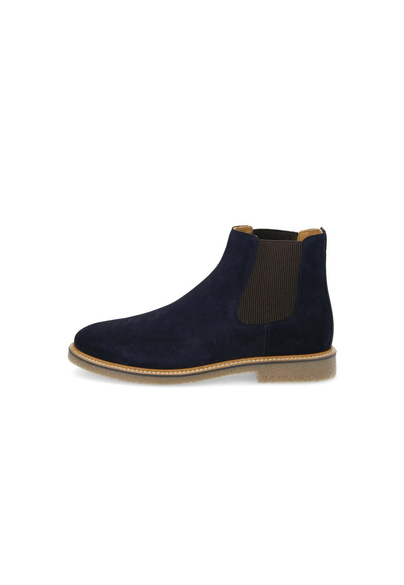 Navyblaue Wildleder-Ankle-Boots mit elastischen Seitenteilen, tanfarbenen Akzenten und einer strukturierten Sohle. Sie besitzen eine abgerundete Zehenpartie und minimale Nähdetails.