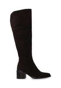 Braune Wildleder-Knöchelstiefel mit quadratischer Zehenpartie und Blockabsatz. Glatte Textur, minimalistische Nähte und eine klare Silhouette.