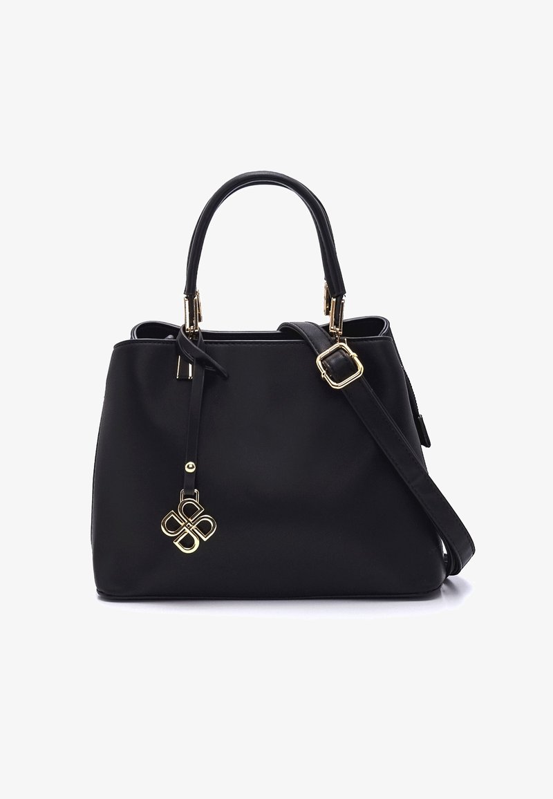 Zwarte leren handtas met gouden hardware, dubbele handvatten aan de bovenkant en een afneembare schouderband. Voorzien van een decoratieve charme. Zachte textuur.