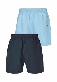Dve hlače kratke: ene svetlo modre barve in ene temno mornarsko modre. Obe imata elastične pasove in zadnje žepe s kontrastnimi poudarki.
