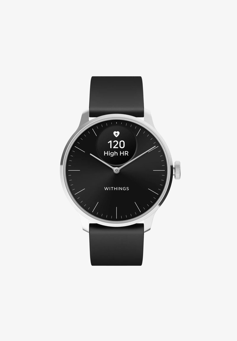 Smartwatch nero con quadrante rotondo, dettagli argento, cinturino in silicone nero e display digitale che mostra la frequenza cardiaca e "Frequenza Cardiaca Alta".