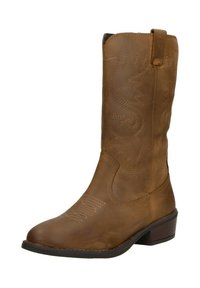 Braune Leder-Cowboystiefel mit dekorativer Stickerei, runder Zehenform und niedrigem Blockabsatz. Verfügt über eine Zuglasche am Schaft für ein einfaches Anziehen.