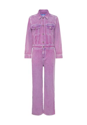 Pink denim jumpsuit with long sleeves, front pockets, and a fitted waist. Features a button-up design and straight-leg cut.