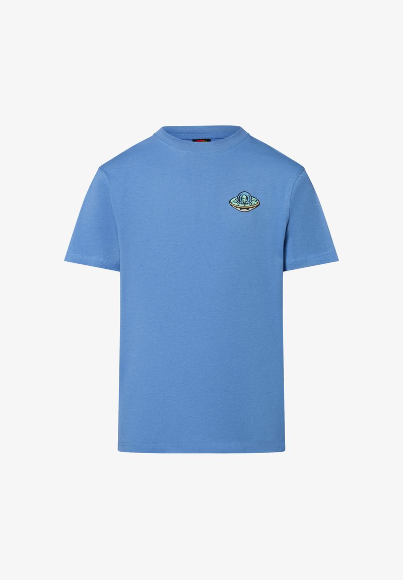 Lichtblauw katoen t-shirt met een ronde halslijn, korte mouwen en een klein geborduurd UFO-ontwerp op de linker borst.