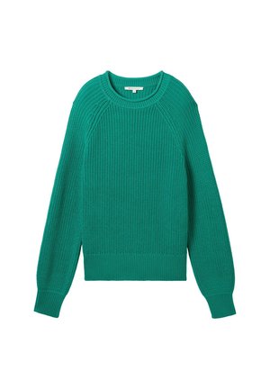 Zaļš adīts džemperis ar teksturētu rakstu, apaļu kakla izgriezumu un ribu aprocēm un apakšmalu. Iezīmē garas piedurknes un brīvu piegriezumu.