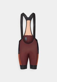 Cuissards de cyclisme bretelles bordeaux et orange avec bretelles en mesh noir et siège rembourré, présentés à plat sur un fond blanc.