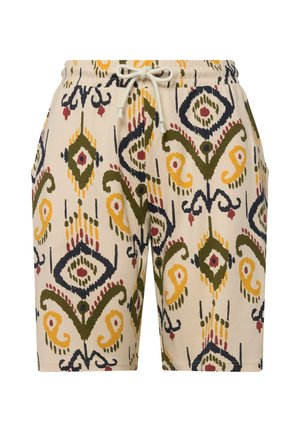 Kraťasy s vzorem a stahovací šňůrkou, vyrobené z lehkého materiálu. Design zahrnuje diamantové tvary v žluté, zelené, červené a námořnické modré.