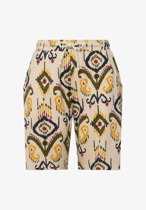 Kraťasy s vzorem a stahovací šňůrkou, vyrobené z lehkého materiálu. Design zahrnuje diamantové tvary v žluté, zelené, červené a námořnické modré.