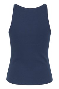 Ναυτικό μπλε φανελάκι με rib λεπτομέρειες, στρογγυλή λαιμόκοψη και φαρδιές τιράντες. Ο ύφασμα έχει λεία υφή και κομψή εφαρμογή.