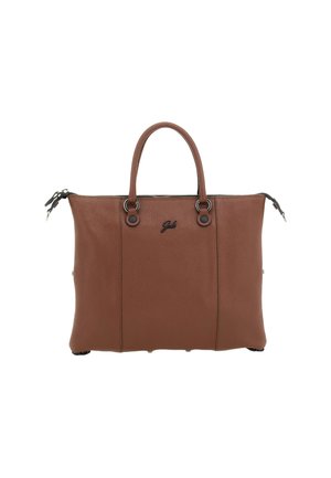 Borsa a mano in pelle marrone con due manici, accessori in argento e chiusura con zip, caratterizzata da un piccolo logo nero del marchio sul davanti.