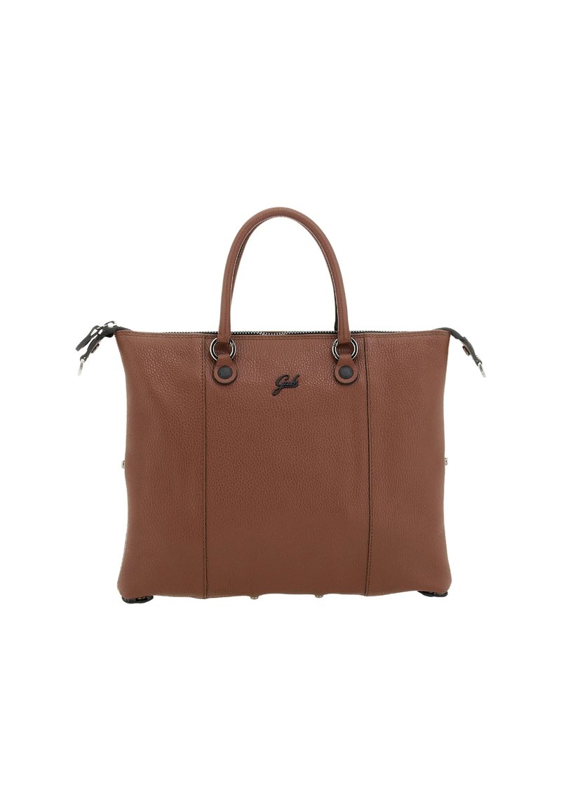 Borsa a mano in pelle marrone con due manici, accessori in argento e chiusura con zip, caratterizzata da un piccolo logo nero del marchio sul davanti.