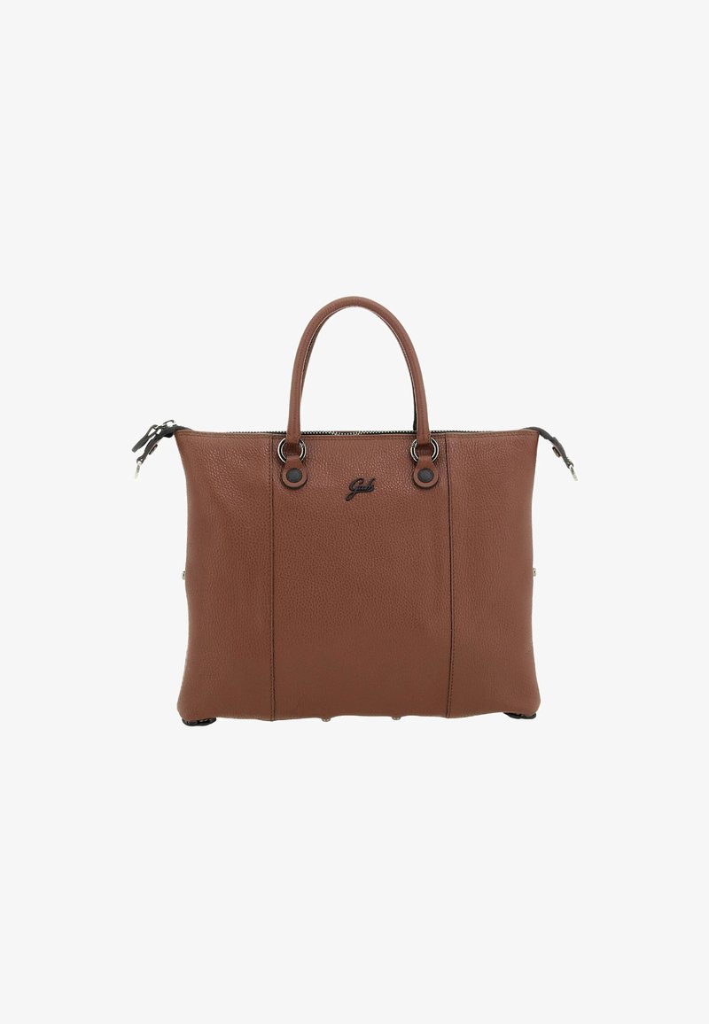 Borsa a mano in pelle marrone con due manici, accessori in argento e chiusura con zip, caratterizzata da un piccolo logo nero del marchio sul davanti.