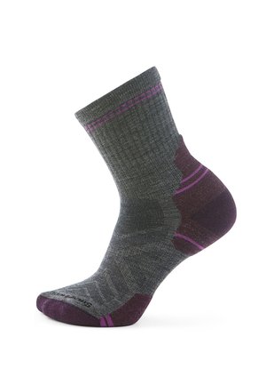 Mid-length grey sock with reinforced dark purple toe, heel, and cuff areas, featuring pink accent stripes and textured patterns.