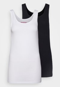 Dois tops: um branco e um preto; feitos de algodão macio; design de decote em U; sem mangas; textura suave; estilo versátil e básico.