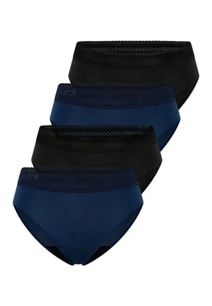 Cuatro bragas de mujer estilo bikini en negro y azul marino con una banda de encaje estampada, dispuestas superpuestas sobre un fondo blanco.