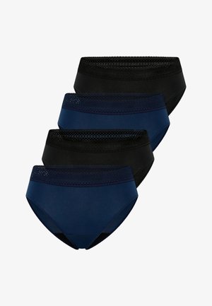Vier damesbikini's in zwart en marineblauw met een patroon van kanten tailleband, overlappend gerangschikt op een witte achtergrond.