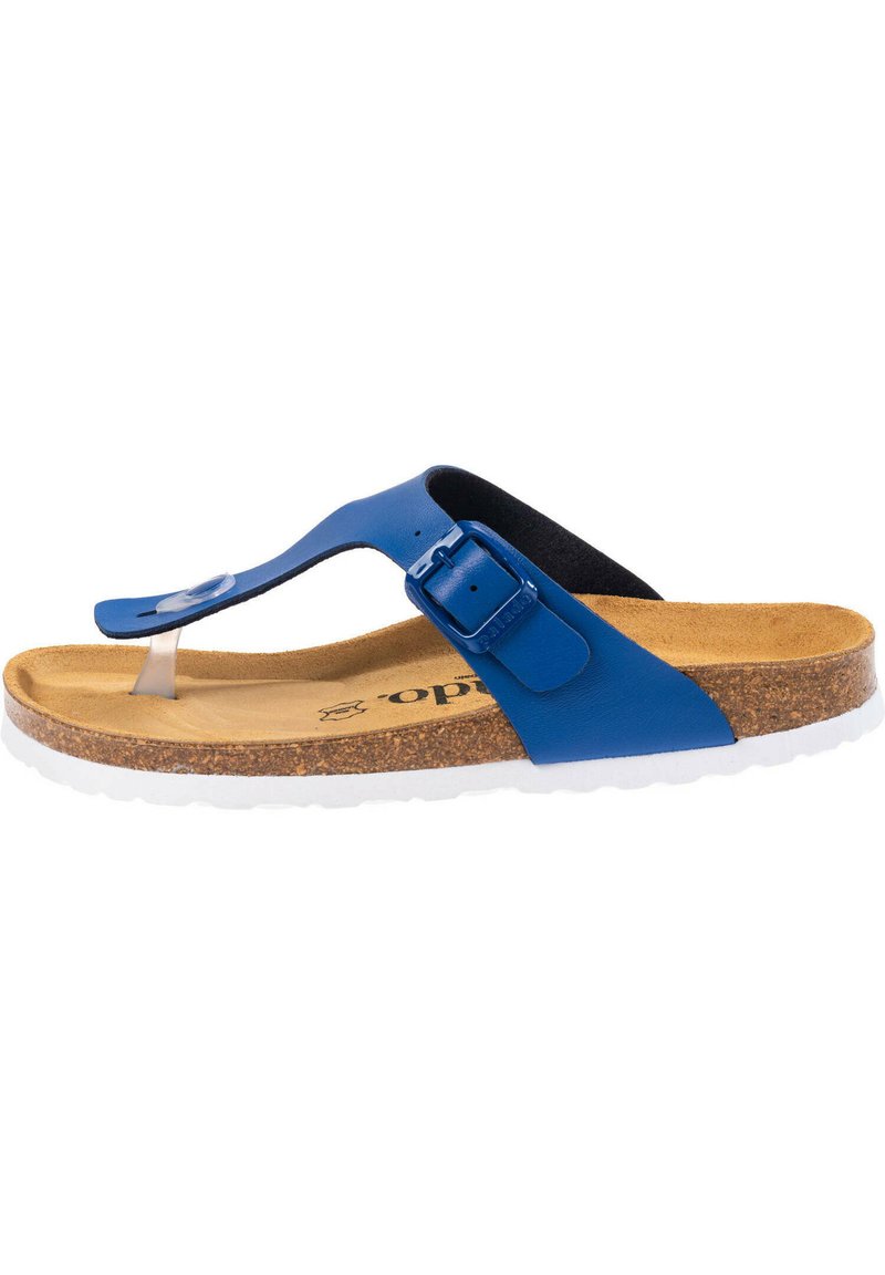 Blå läder flip-flop sandal med korkinlägg, gummisula, justerbar spänne, och texturerad ovandel. Vit sula med en platt design.