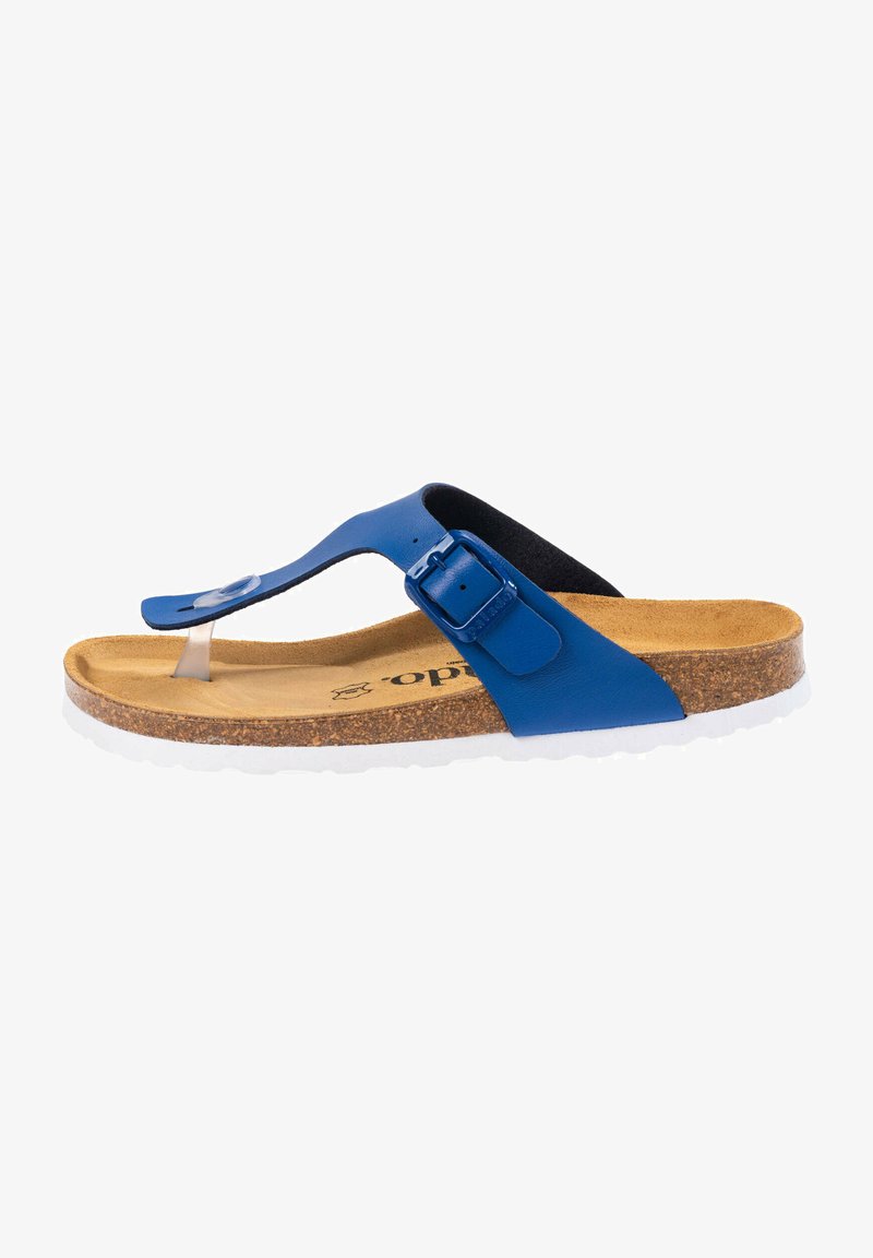 Blå läder flip-flop sandal med korkinlägg, gummisula, justerbar spänne, och texturerad ovandel. Vit sula med en platt design.