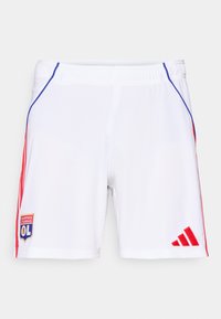 White athletic shorts with red and blue side stripes, featuring a logo for Olympique Lyonnais and a red Adidas emblem on the hem.