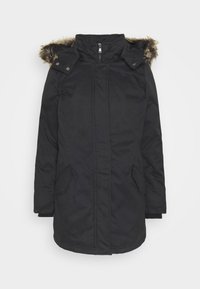 Black parka jacket with a faux fur hood, front zip closure, side pockets, and ribbed cuffs, featuring a smooth texture and long design.