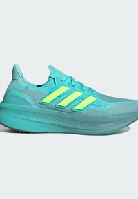 Aqua blue running shoe features a lightweight mesh upper with neon green accents and three stripes, a thick, textured sole for cushioning.