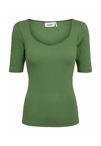 Grønne ribbede kortærmede top med V-udskæring og tætsiddende silhuet. Stoffet er glat med en let stræk, der øger komforten.
