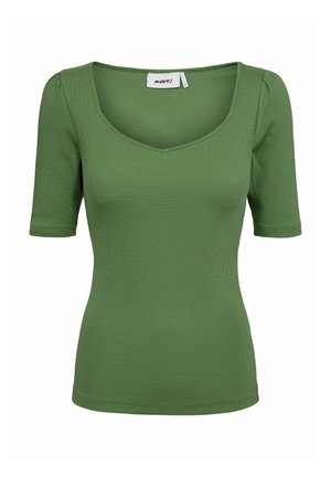 Grønne ribbede kortærmede top med V-udskæring og tætsiddende silhuet. Stoffet er glat med en let stræk, der øger komforten.