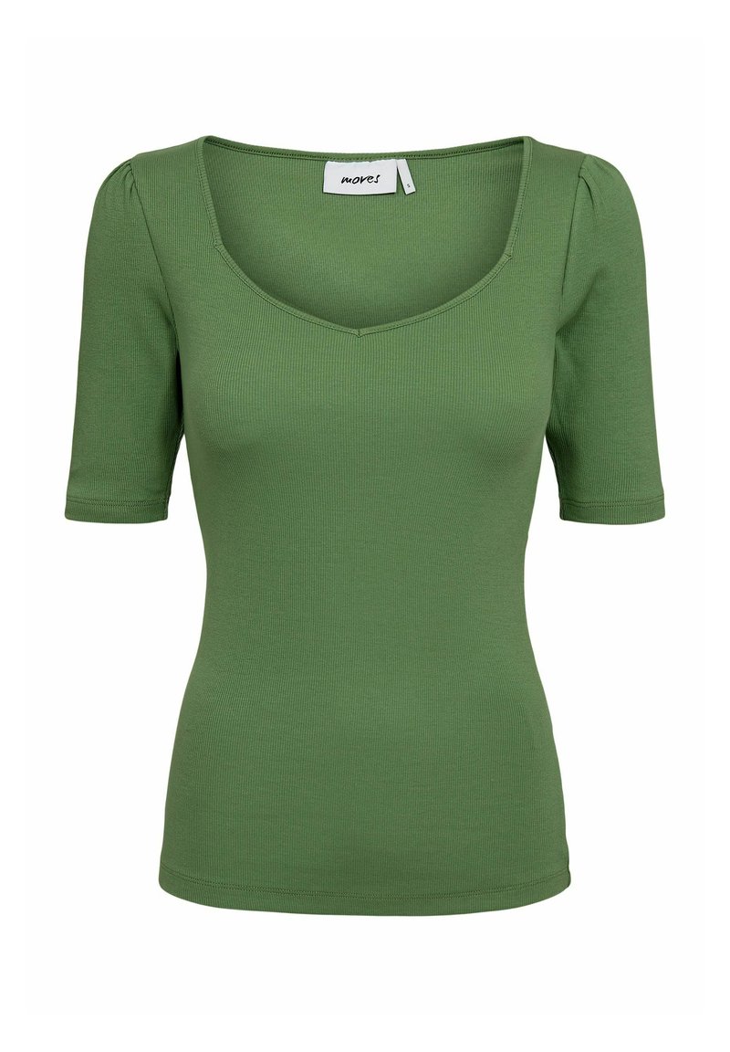 Grønne ribbede kortærmede top med V-udskæring og tætsiddende silhuet. Stoffet er glat med en let stræk, der øger komforten.