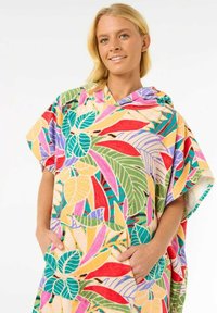 Poncho coloré avec capuche, orné d'un motif de feuilles tropicales dans diverses nuances de vert, jaune, rose et rouge. Matériau en éponge doux.