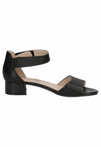 Czarne skórzane sandały z odkrytą palcą, pasek na kostkę i niskim słupkowym obcasem. Gładka tekstura z minimalistycznym designem i neutralnym wnętrzem.