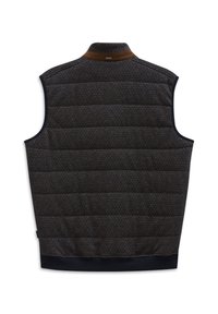 Ärmellose Weste aus einem strukturierten, dunkelbraunen Stoff, mit gestepptem Design, Lederakzent am Kragen und marineblauen Besatz am Saum.