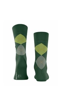 Zielone bawełniane skarpetki z geometrycznym wzorem argyle w jasnej zieleni, żółci i szarości, z prążkowanym ściągaczem i gładką teksturą.