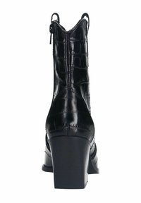 Black leather ankle boots with a crocodile texture, rounded toe, and block heel. Features a zipper at the back for easy wear.